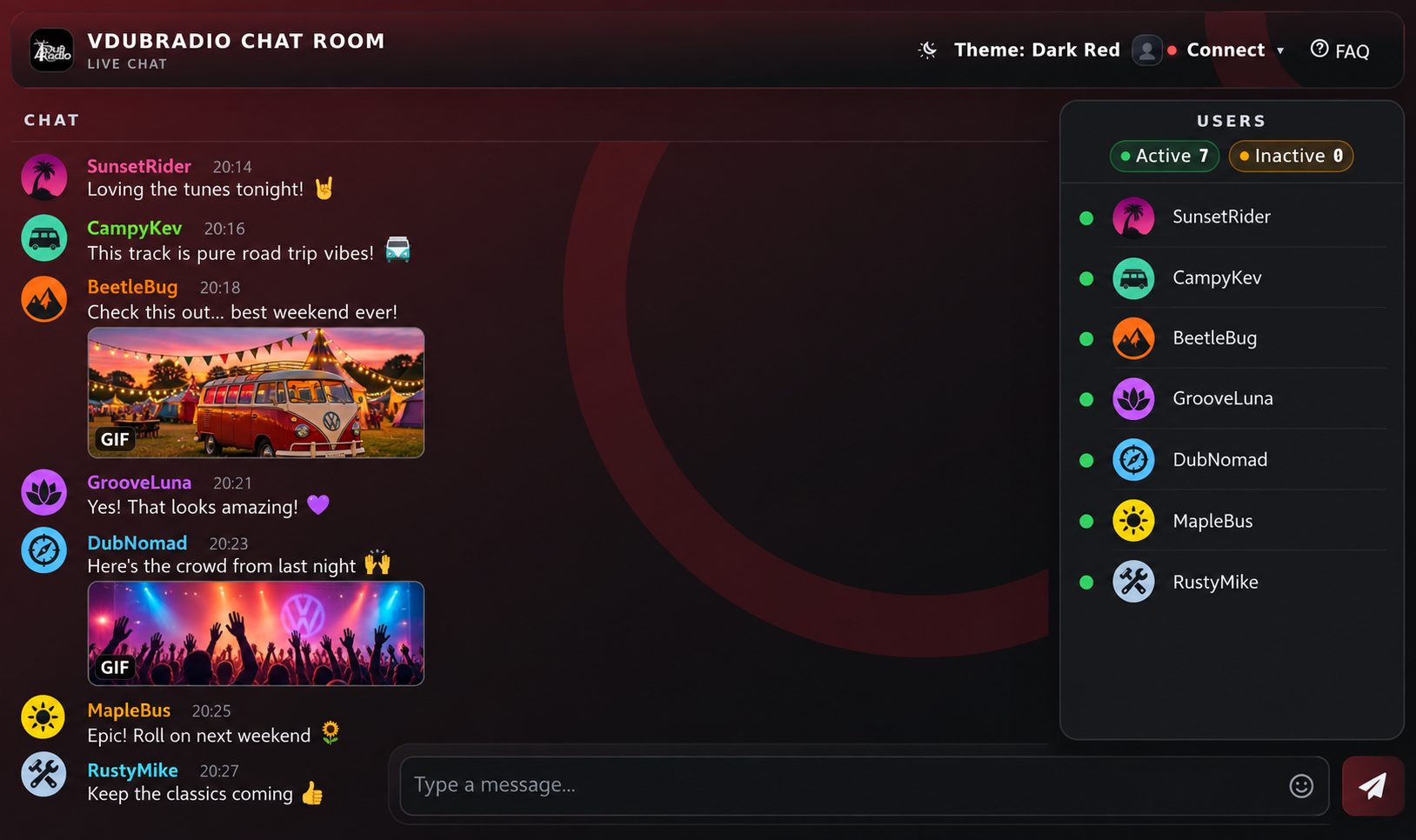 Illustrative VDubRadio Chat Room preview with fictional users, messages and GIFs